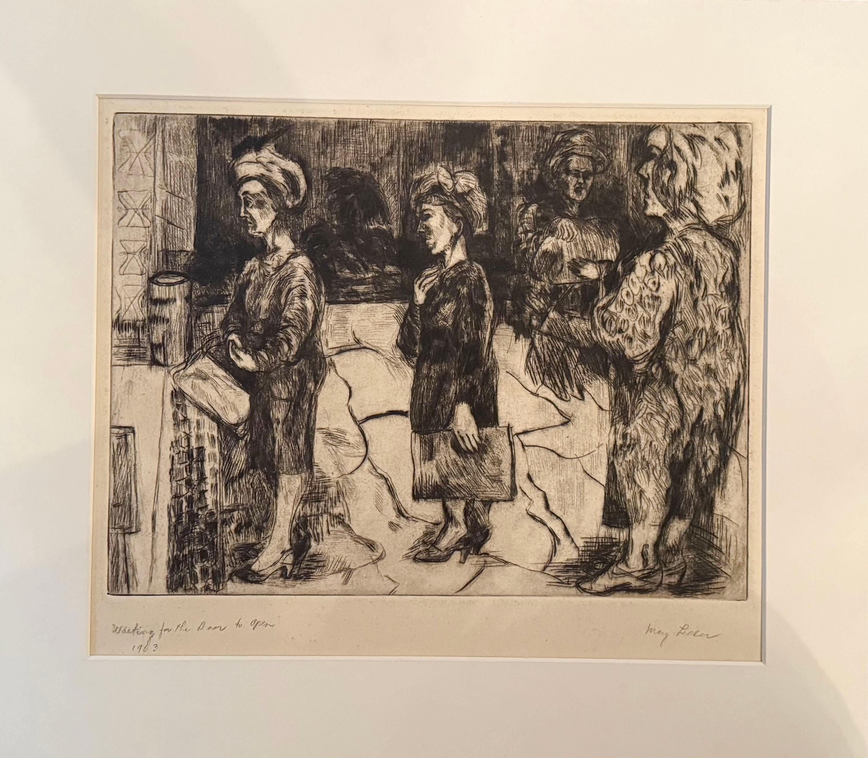 May Lesser Figurative Print – Warten, bis sich die Tür öffnet