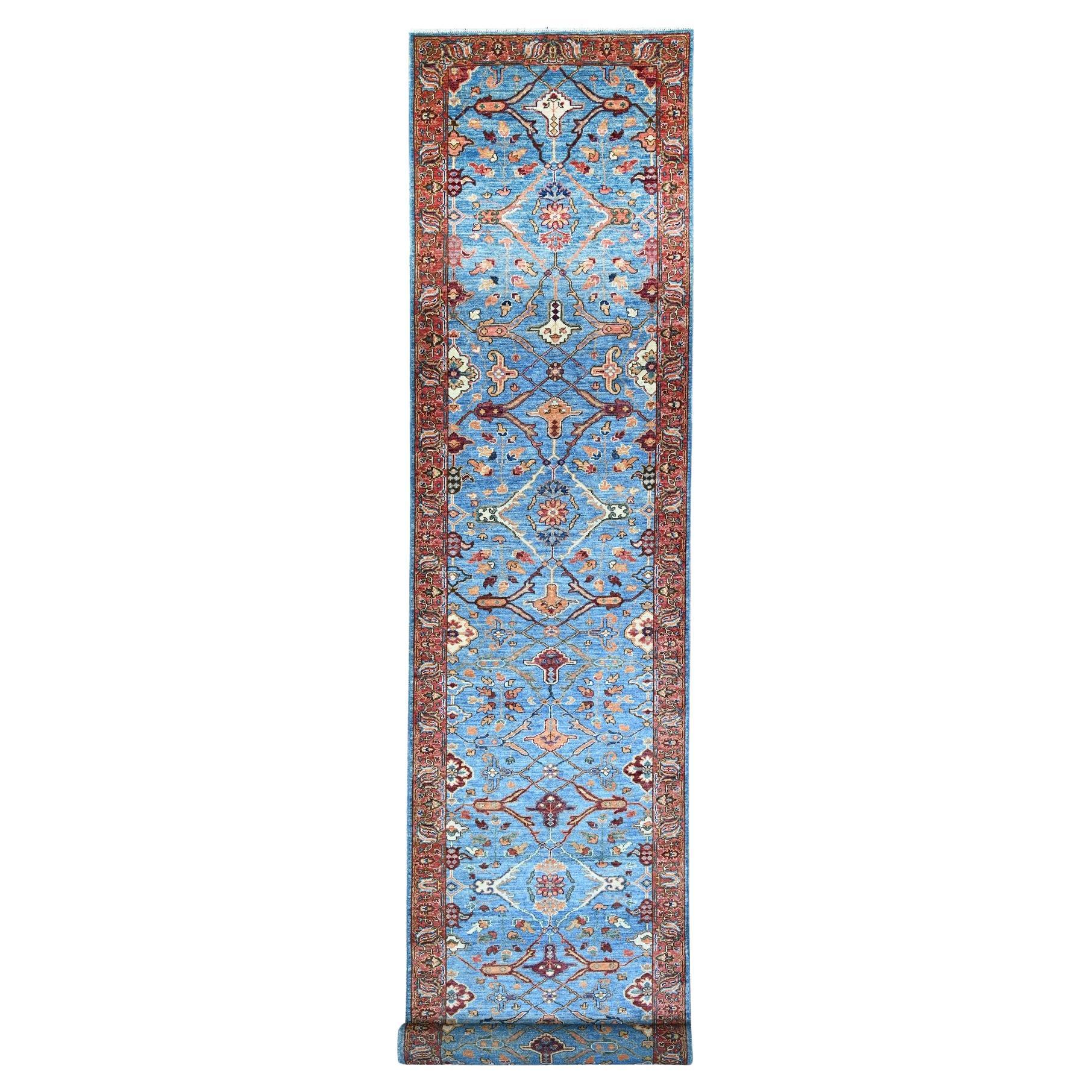 Maya Blue Fine Aryana Hand Knotted Natural Dyes Vibrant Wool Rug 3'7" x 21'8" For Sale