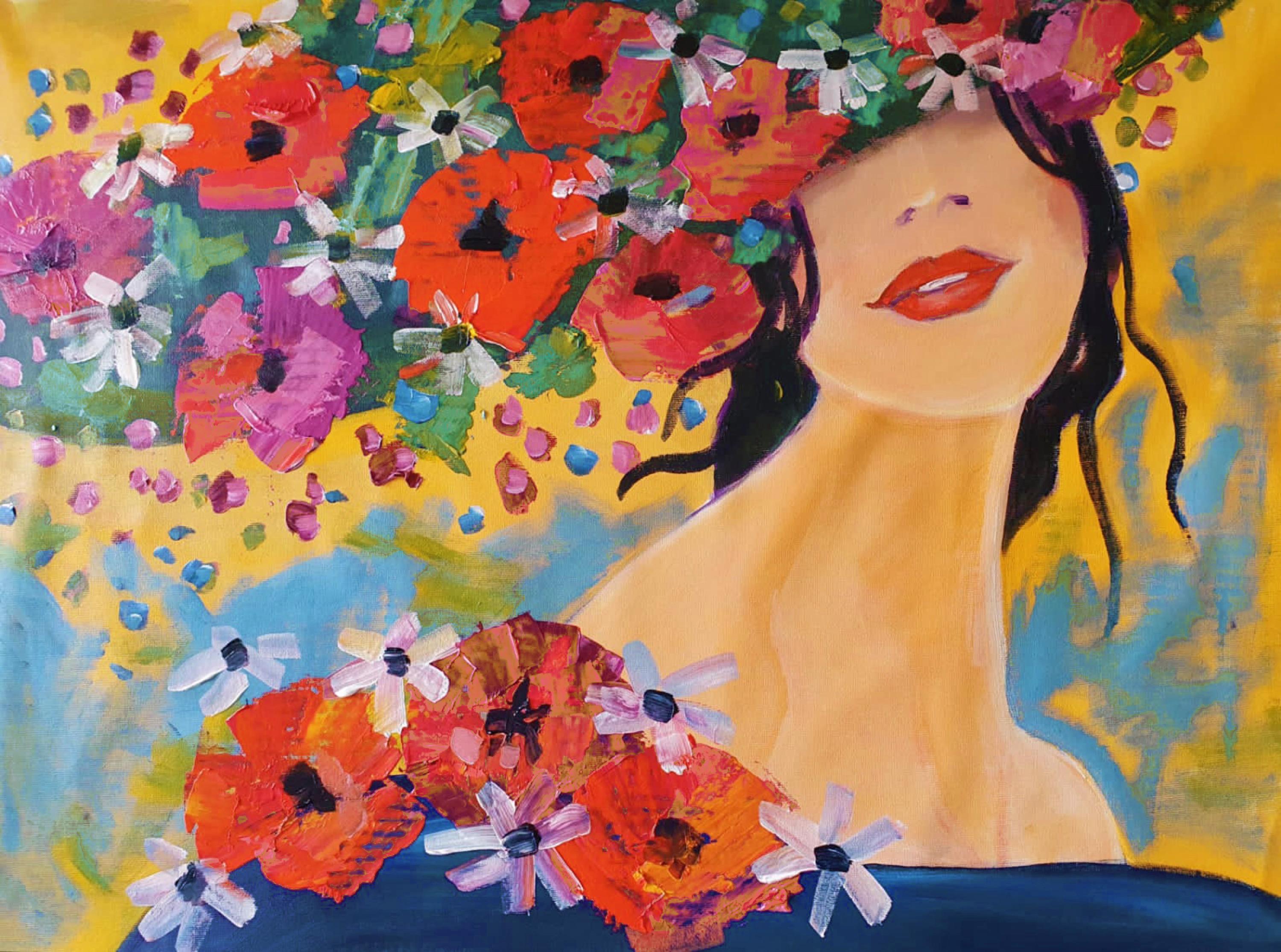 Maya Green Figurative Painting - Woman Floral Painting Portrait Textured Giclee on Canvas 45x60" Sunlight Spring