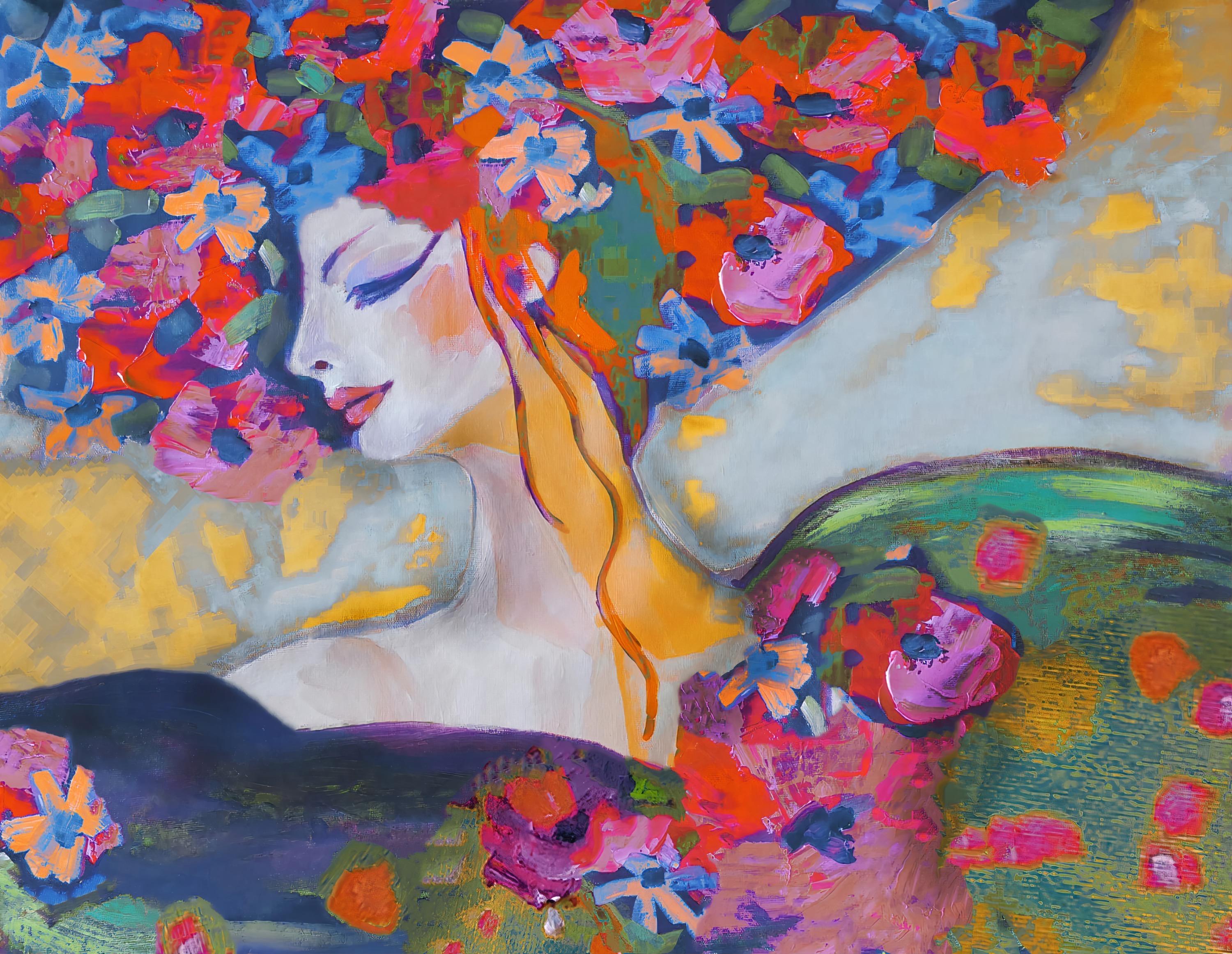 Maya Green Figurative Painting - Floral Head Romantic Painting Textured Giclee on Canvas 45x60" Spring is Here 