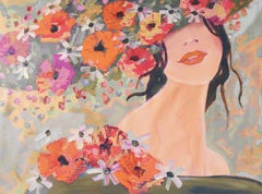 Woman Floral Painting Portrait Textured on Canvas 38"x 54" Sunlight Spring