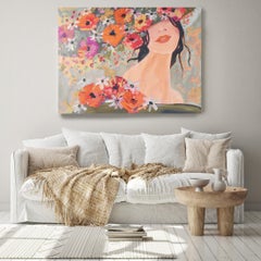 Woman Floral Painting Portrait Textured on Canvas 38"x 54" Sunlight Spring