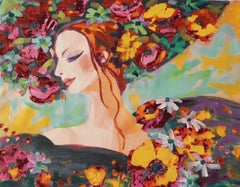 Woman Floral Portrait Painting Textured Giclee on Canvas 45x60" Spring is Here 
