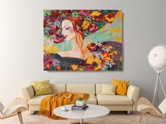Woman Floral Portrait Painting Textured Giclee on Canvas 45x60" Spring is Here