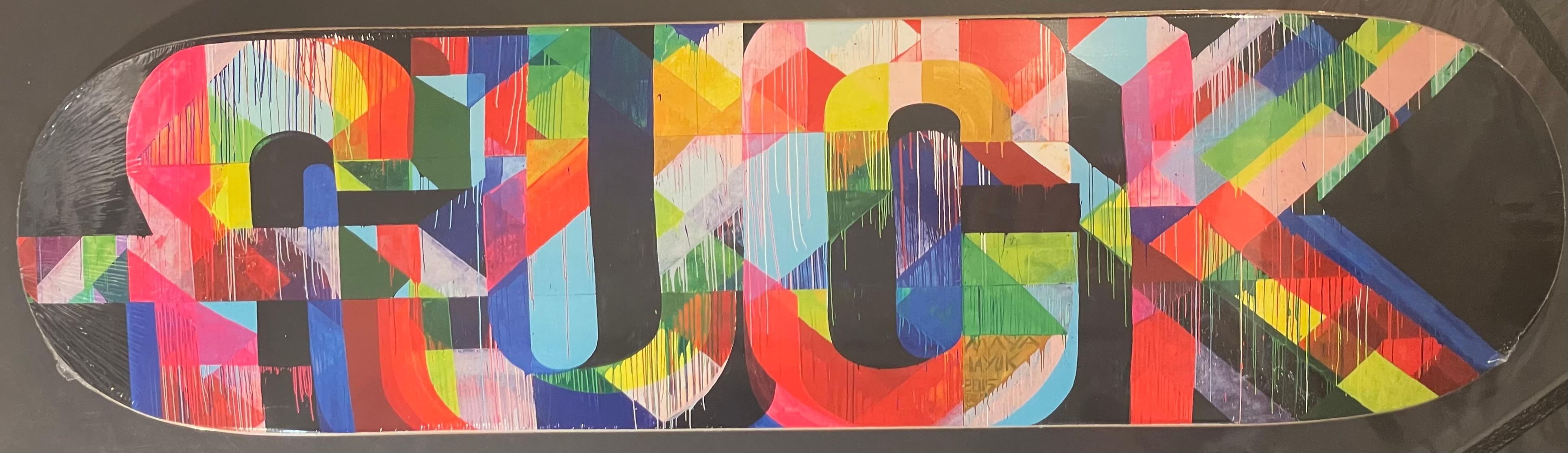 „FUCK“ Maya Hayuk, Siebdruck in Farben auf Skate-Deck, zeitgenössische Straßenkunst 