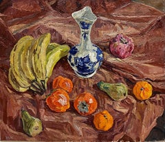 " Natura Morta con vaso blu e cachi arancioni " Olio , cm 69 x 59  1987