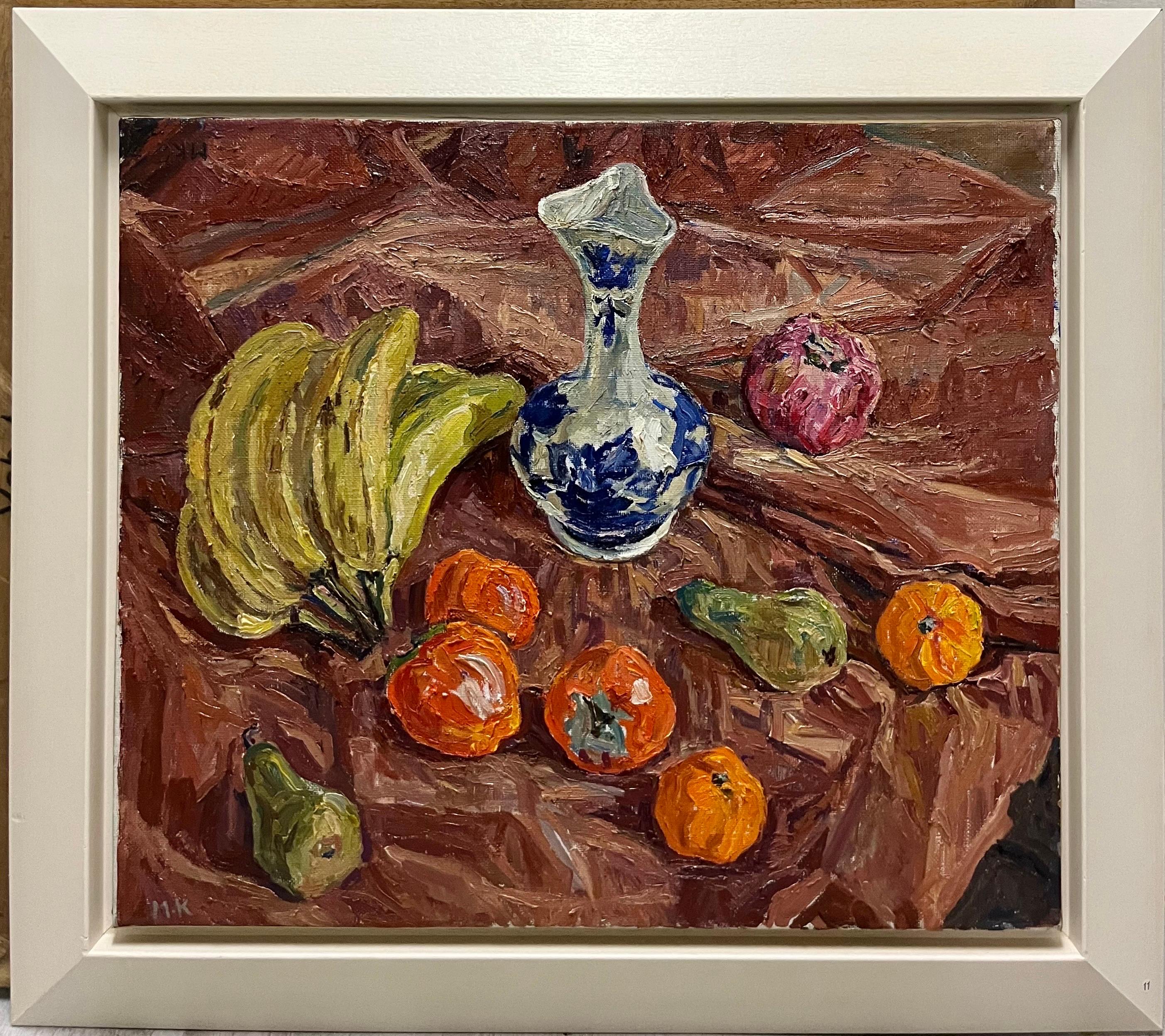 Maya KOPITZEVA Still-Life Painting - " Natura Morta con vaso blu e cachi arancioni " Olio , cm 69 x 59  1987