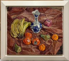 " Natura Morta con vaso blu e cachi arancioni " Olio , cm 69 x 59  1987