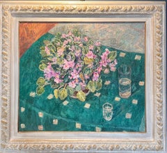 „ Violett auf einem grünen Tischdecken“, Öl, cm. 70 x 60