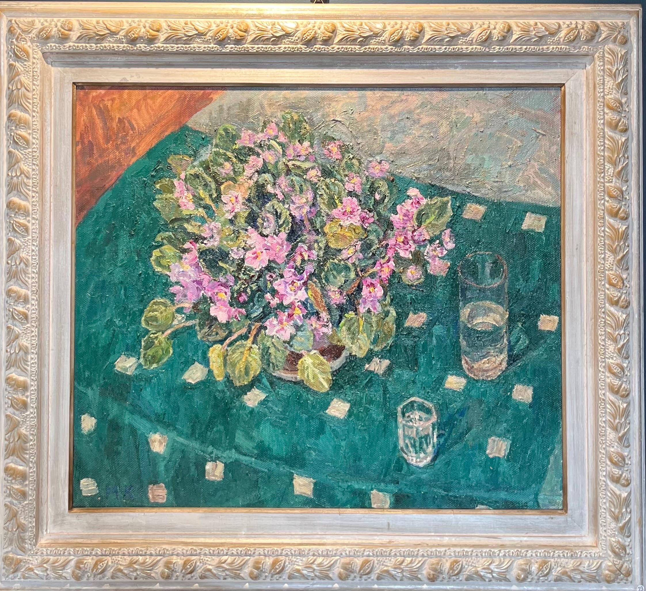 Maya KOPITZEVA Still-Life Painting – "Veilchen auf einem grünen Tischtuch" Öl cm. 70 x 60