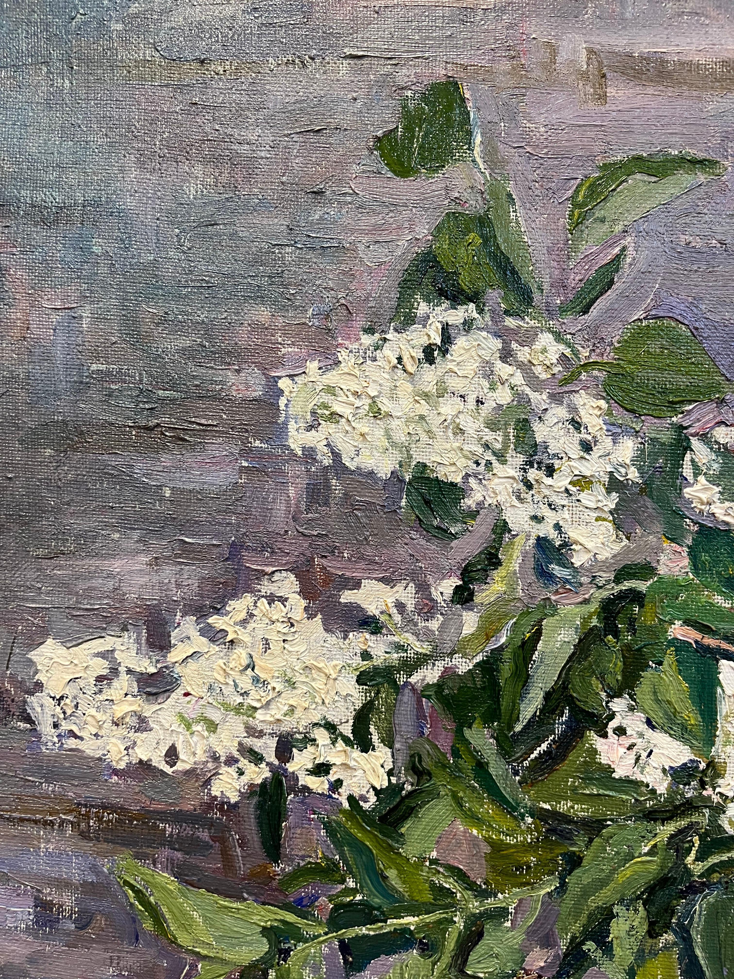 « Lilas blanc », huile de 89 x 89 cm  blanc,1996 en vente 3