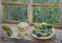 "Apples near the window" Green, White, Window, Impressionist, Window, cm. 70 x 50