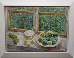 « Apples près de la fenêtre » - Vert, blanc, fenêtre, impressionniste, fenêtre, cm. 70 x 50