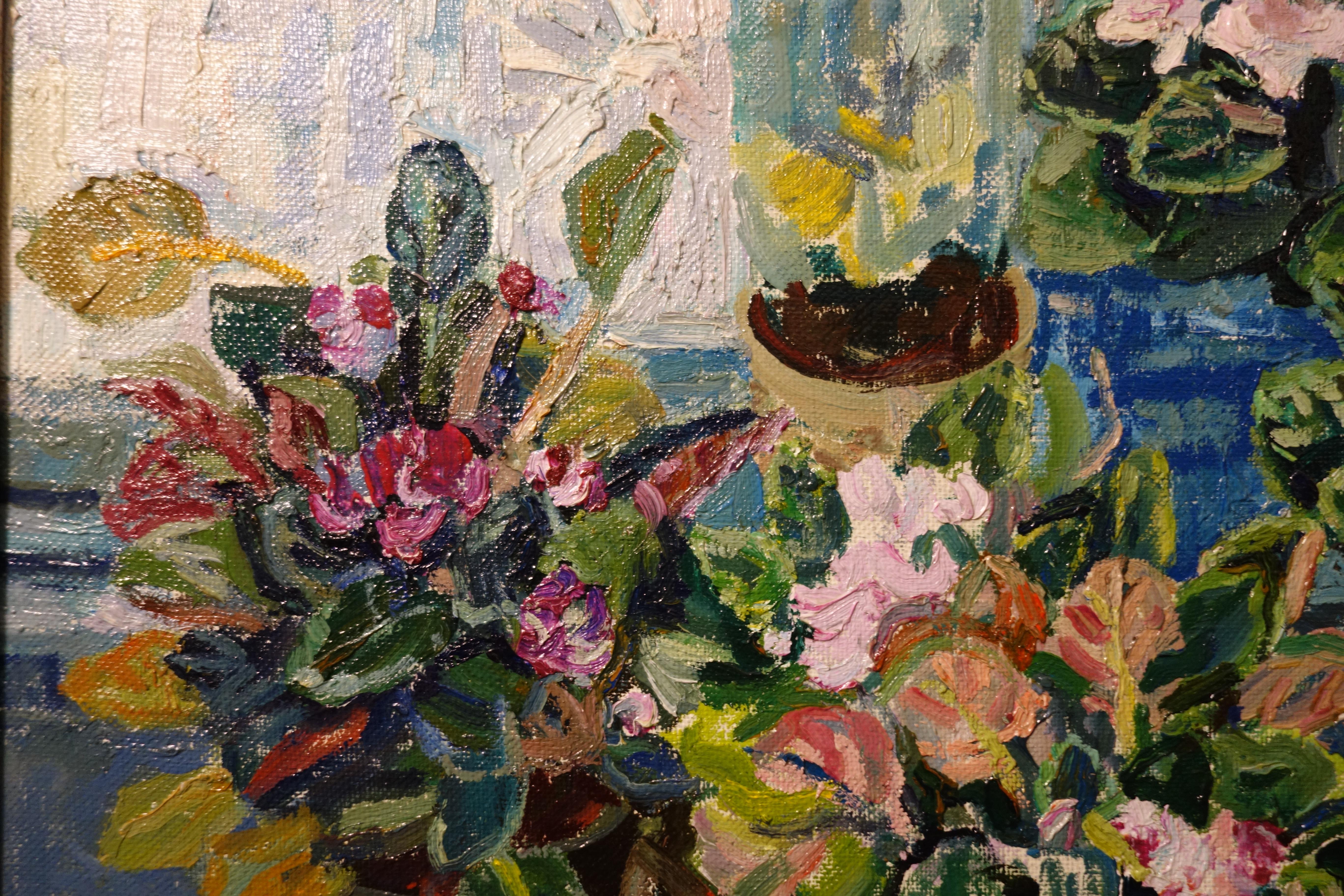Fiori davanti alla finestra  cm. 90 x70  1995 - Black Figurative Painting by Maya KOPITZEVA