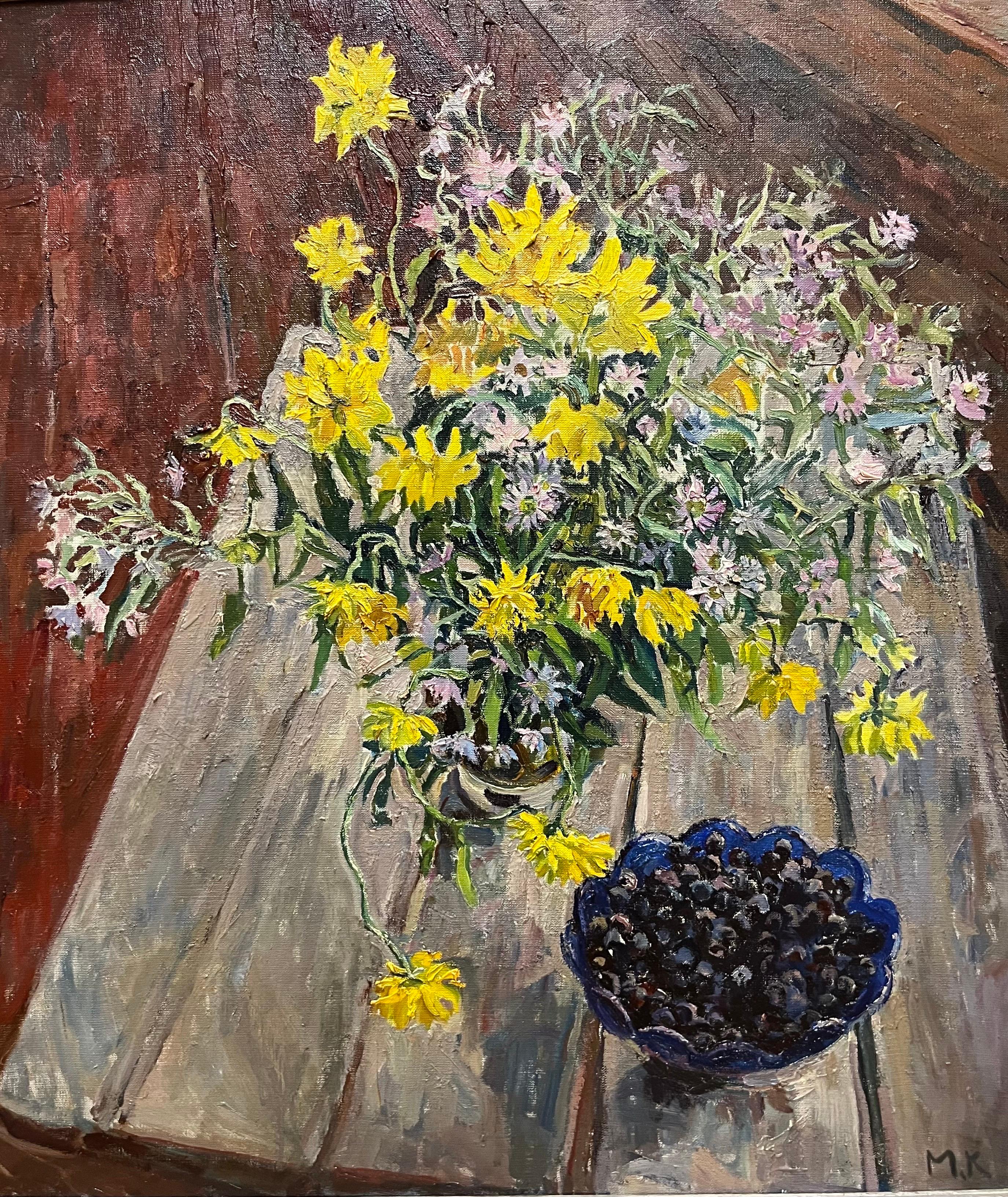 Maya KOPITZEVA Still-Life Painting - "Flowers and blueberries"  Oil cm.69 x 79 2000