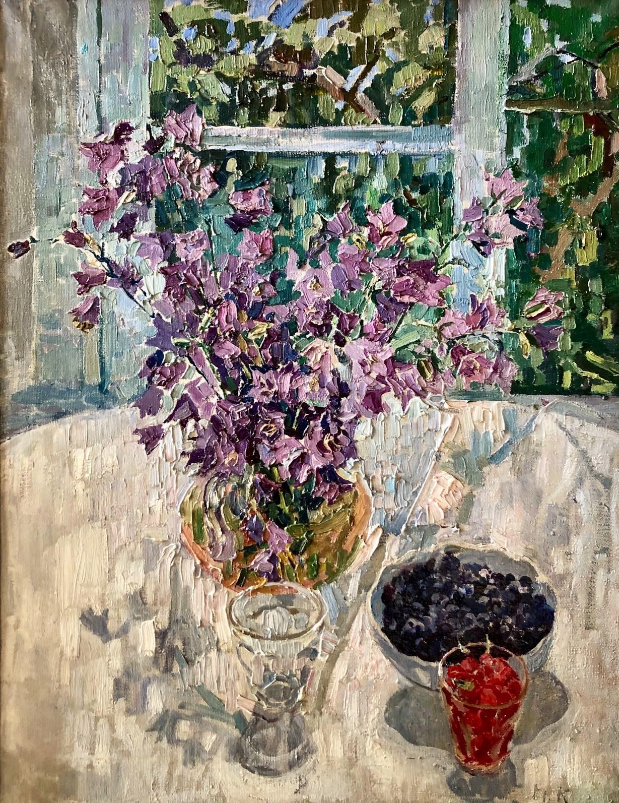 Flowers near the window , Purple bellflowers, berries, window  Oil  - Painting by Maya KOPITZEVA