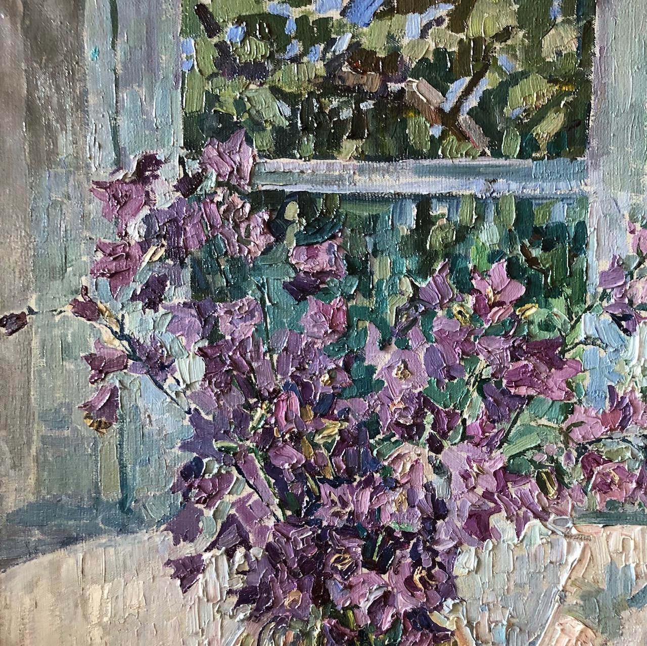 Flowers near the window , Purple bellflowers, berries, window  Oil  - Brown Figurative Painting by Maya KOPITZEVA