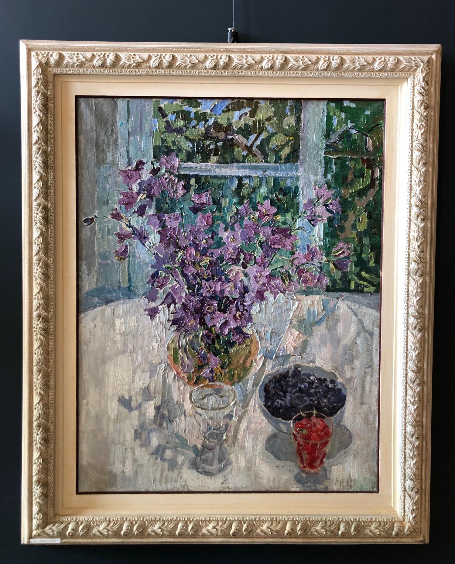 Flowers near the window , Purple bellflowers, berries, window  Oil  - Brown Figurative Painting by Maya KOPITZEVA