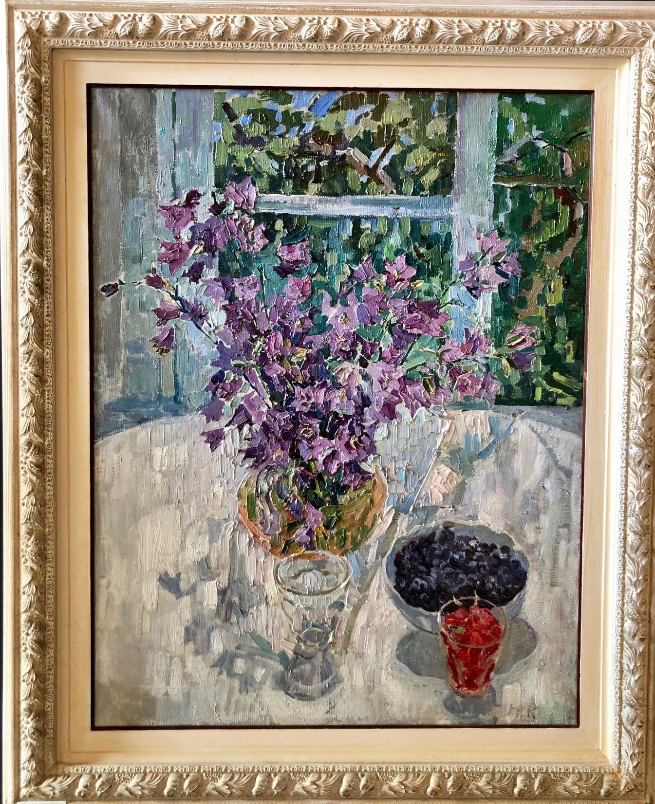 Maya KOPITZEVA Figurative Painting - Flowers near the window , Purple bellflowers, berries, window  Oil 