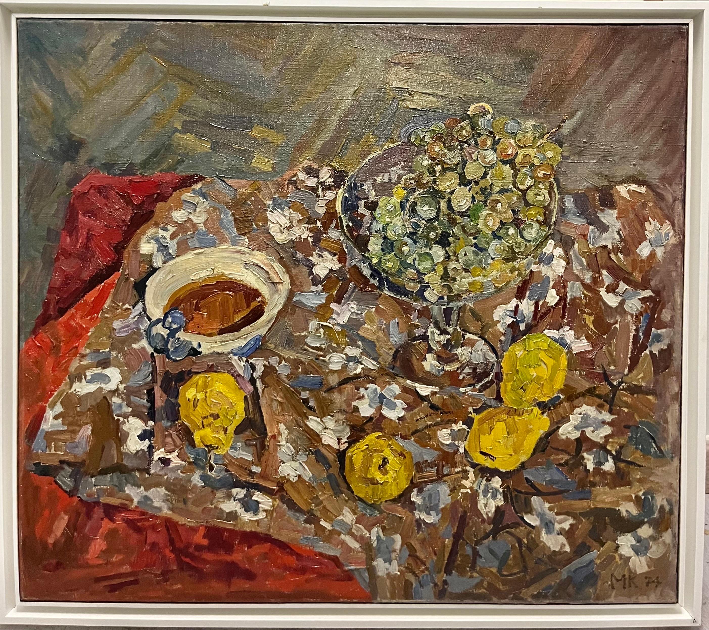 Figurative Painting Maya KOPITZEVA - "Natura Morta con frutta" (Nature morte avec fruits)  UVA e limoni , Olio cm 80 x 70  1974