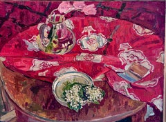"Natura morta con mughetti e tovaglia rossa" Olio su tela cm. 85 x 64 1979