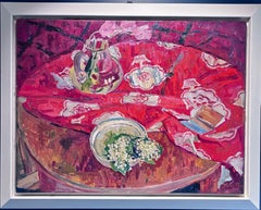 "Natura morta con mughetti e tovaglia rossa" Olio su tela cm. 85 x 64 1979