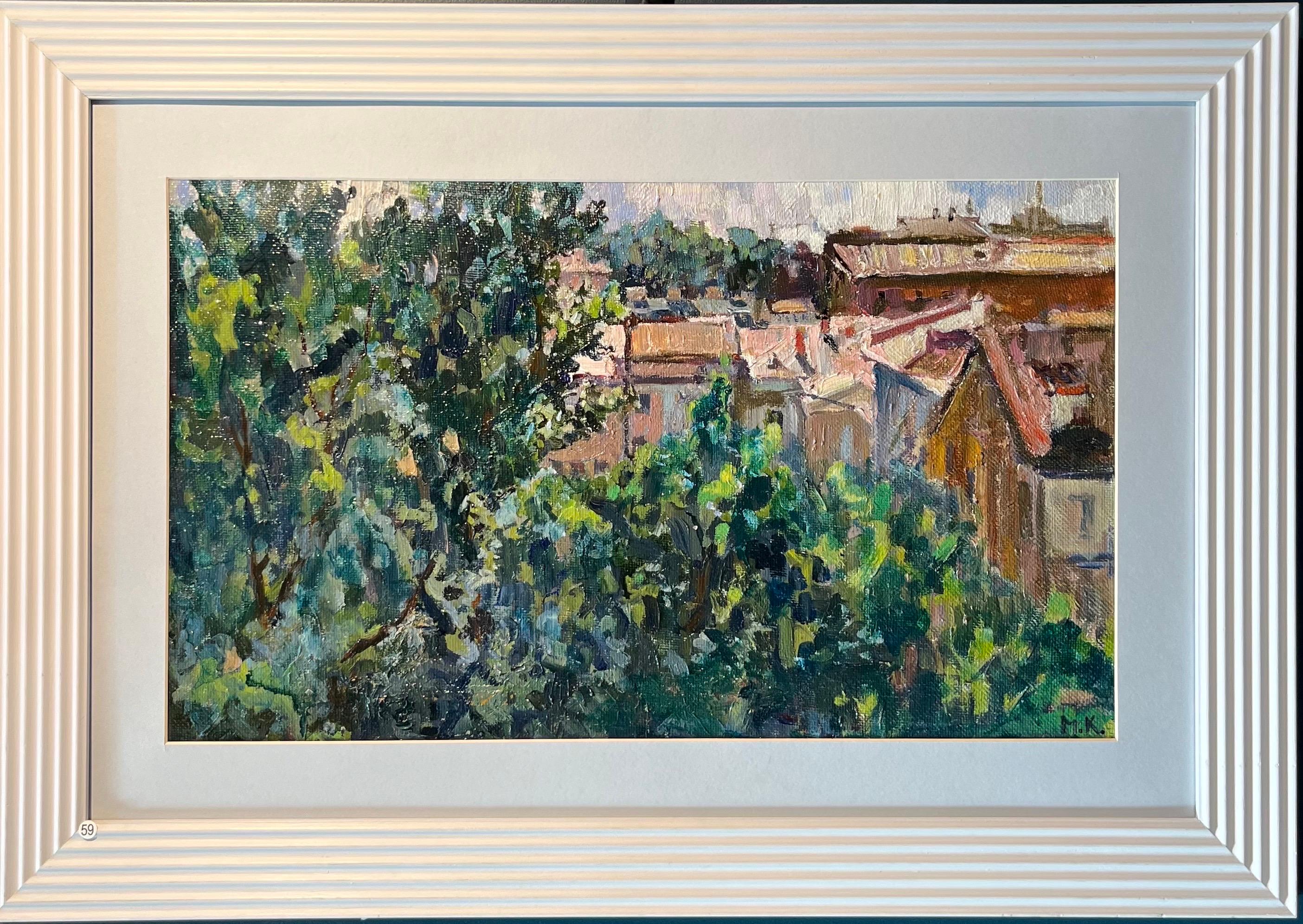 Landscape Painting Maya KOPITZEVA - "Paesaggio dai tetti" (Le paysage des animaux)  Olio cm. 55 x 34   1993