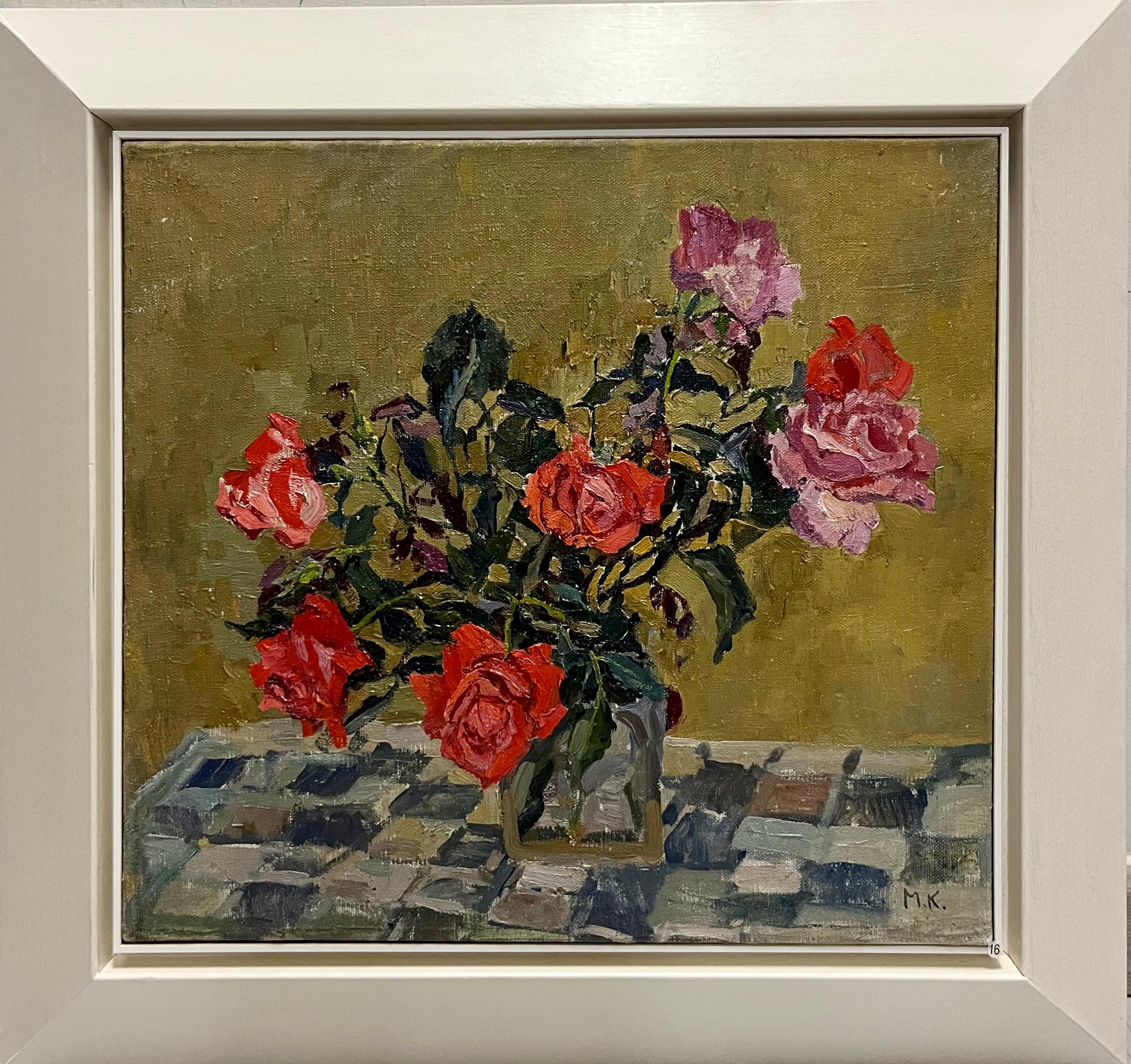 Maya KOPITZEVA Figurative Painting – Red Roses, Ölgemälde, cm 52 x 48, 1968