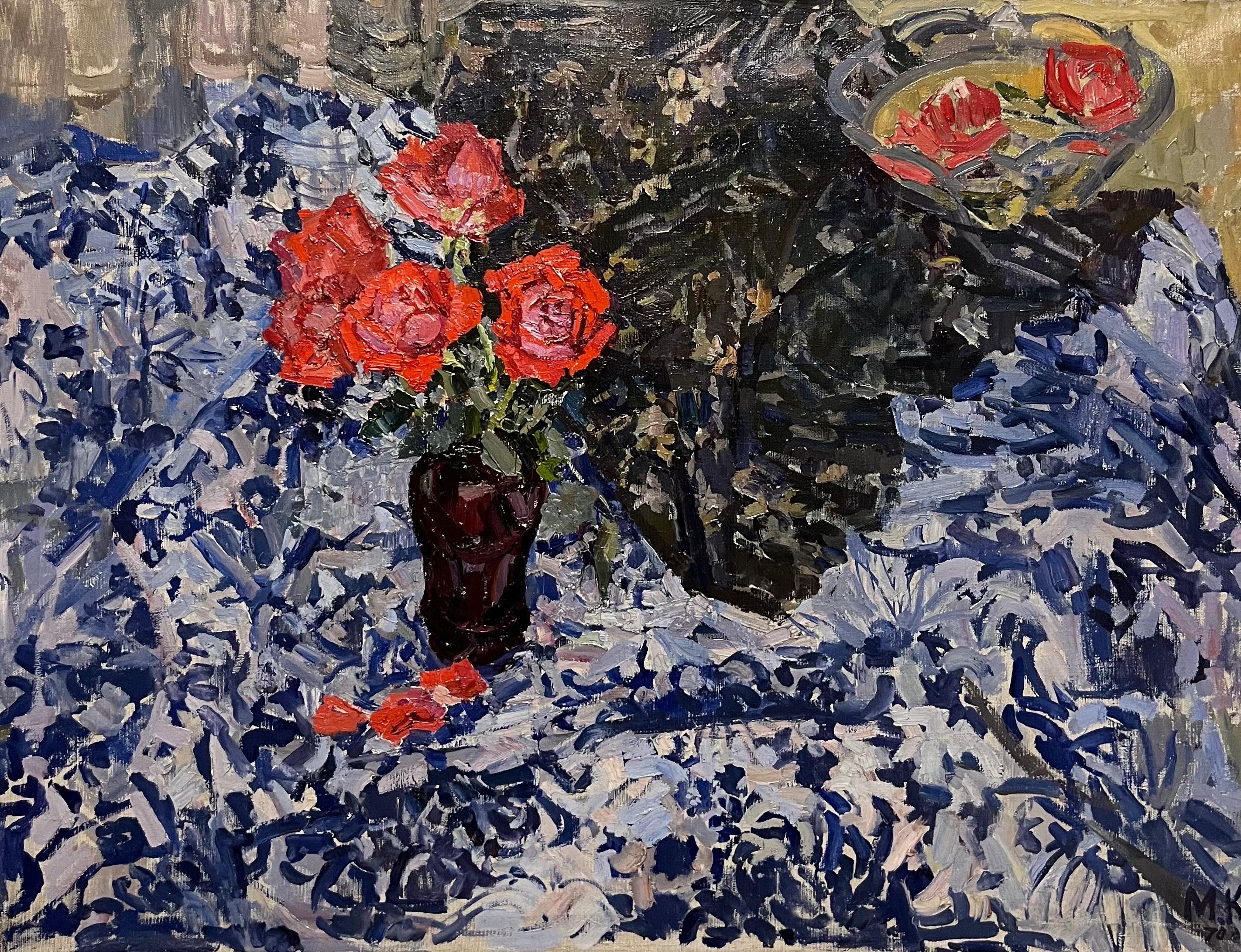 « Roses rouges sur toile de table bleue », Huile, 100 x 75 cm  1970  - Painting de Maya KOPITZEVA