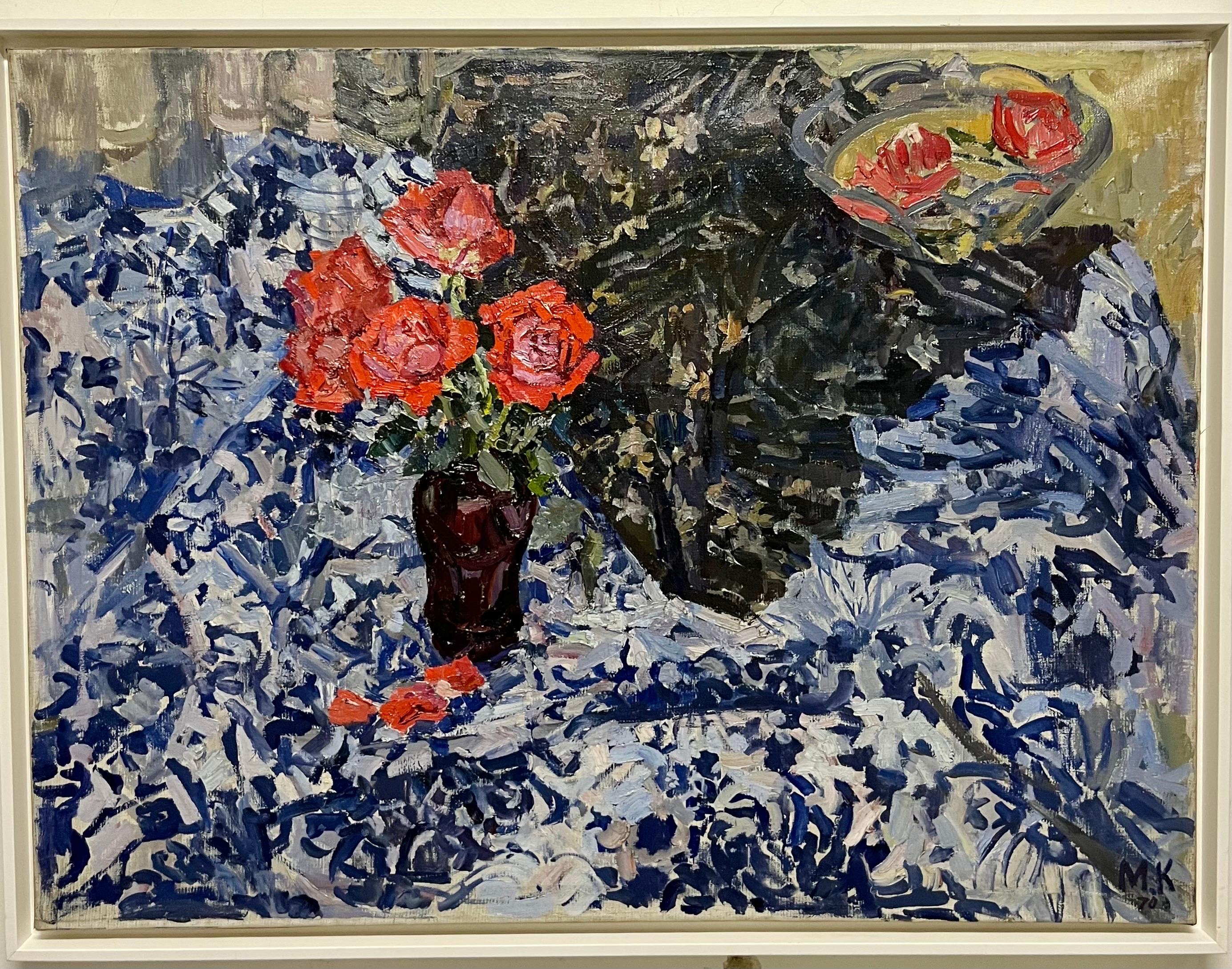 Still-Life Painting de Maya KOPITZEVA - "Rosas rojas sobre mantel azul" Óleo cm. 100 x 75  1970