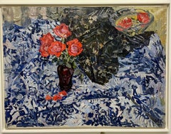"Rose rosse su tovaglia blu" Olio cm. 100 x 75  1970
