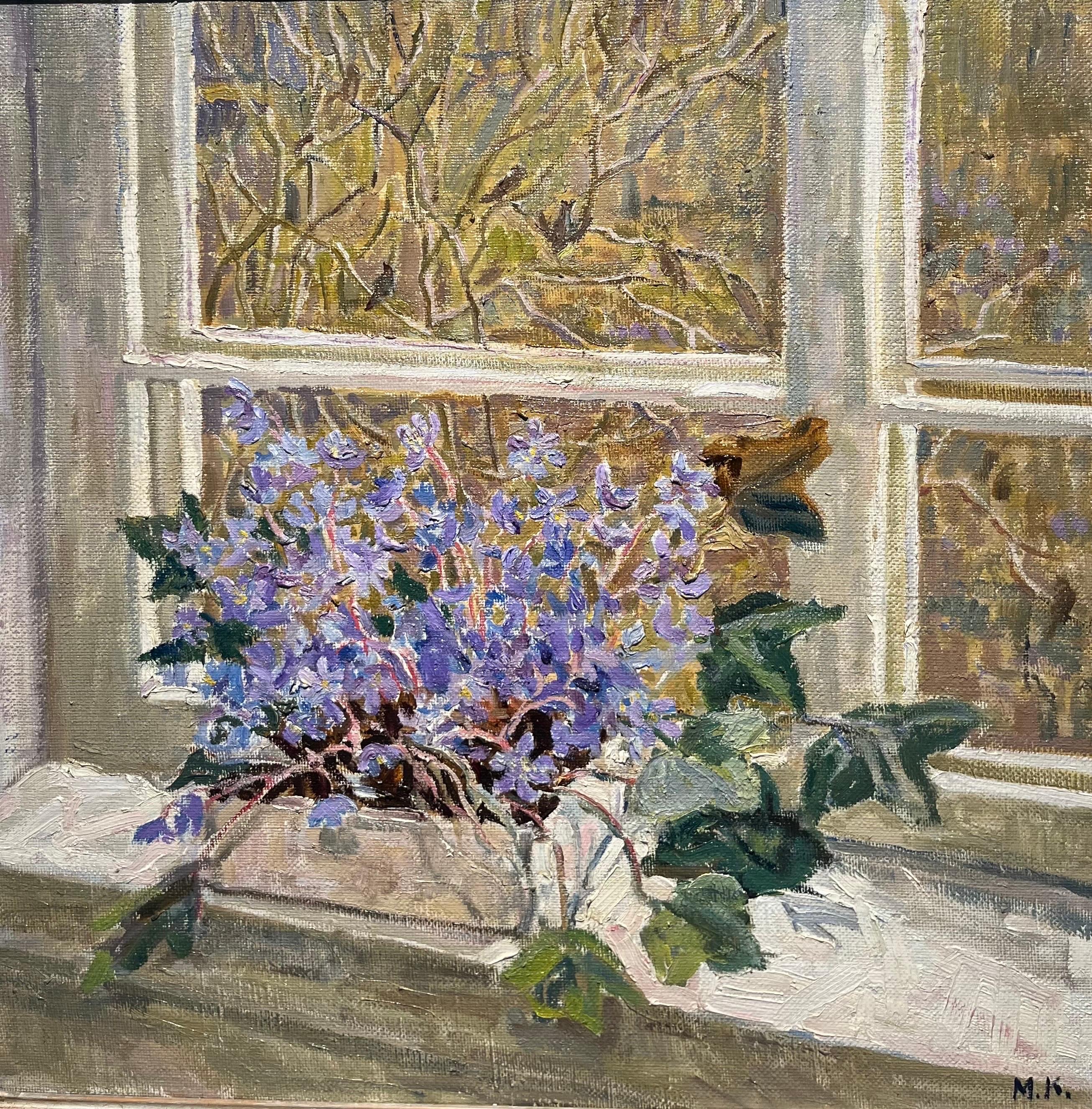 « Snowdrop », fenêtre, violet, violettes, huile cm  55 x 55  - Painting de Maya KOPITZEVA