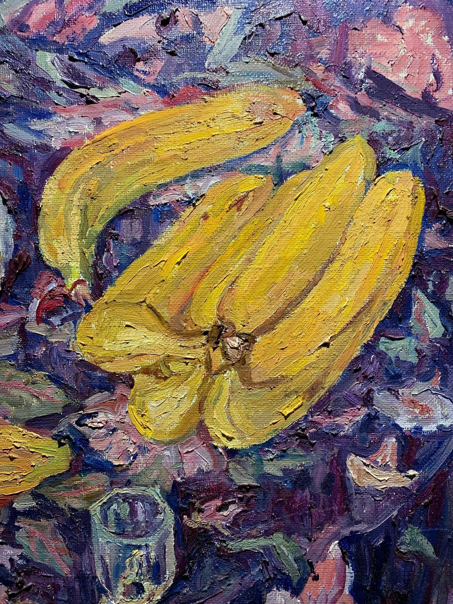 Nature morte, Bananes, pêches et raisins    huile   cm. 60 x 50  - Marron Still-Life Painting par Maya KOPITZEVA