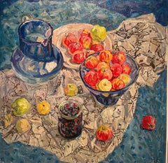 „Stillleben“ - Blau, Rot, Apples, Beeren, Öl cm. 70 x 70
