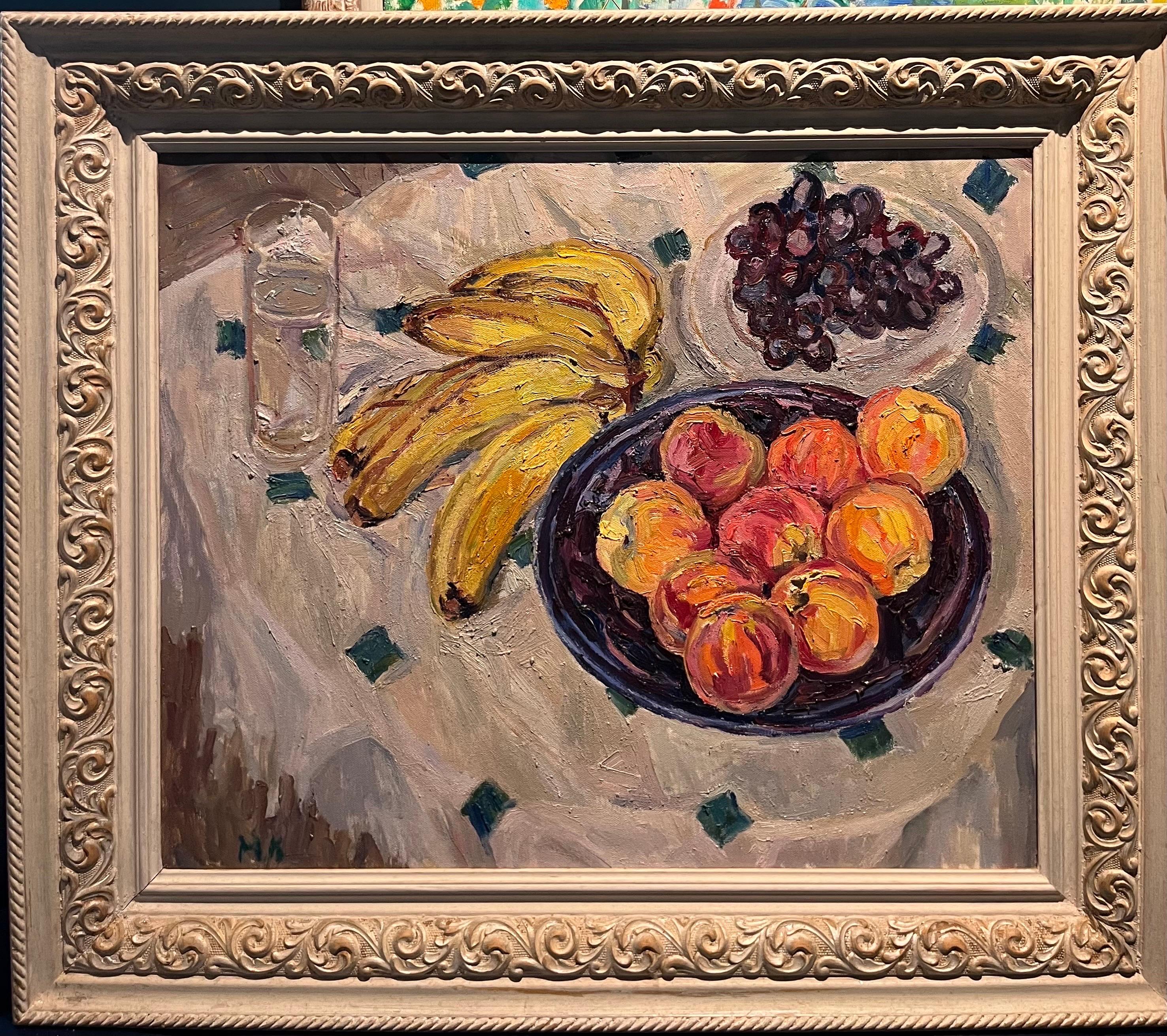 Maya KOPITZEVA Still-Life Painting - "Still life with fruit" Bananas, peaches and grapes Oil cm.60 x 50 