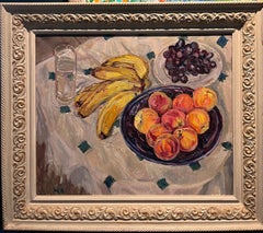 "Nature morte aux fruits" Bananes, pêches et raisins Huile cm.60 x 50 