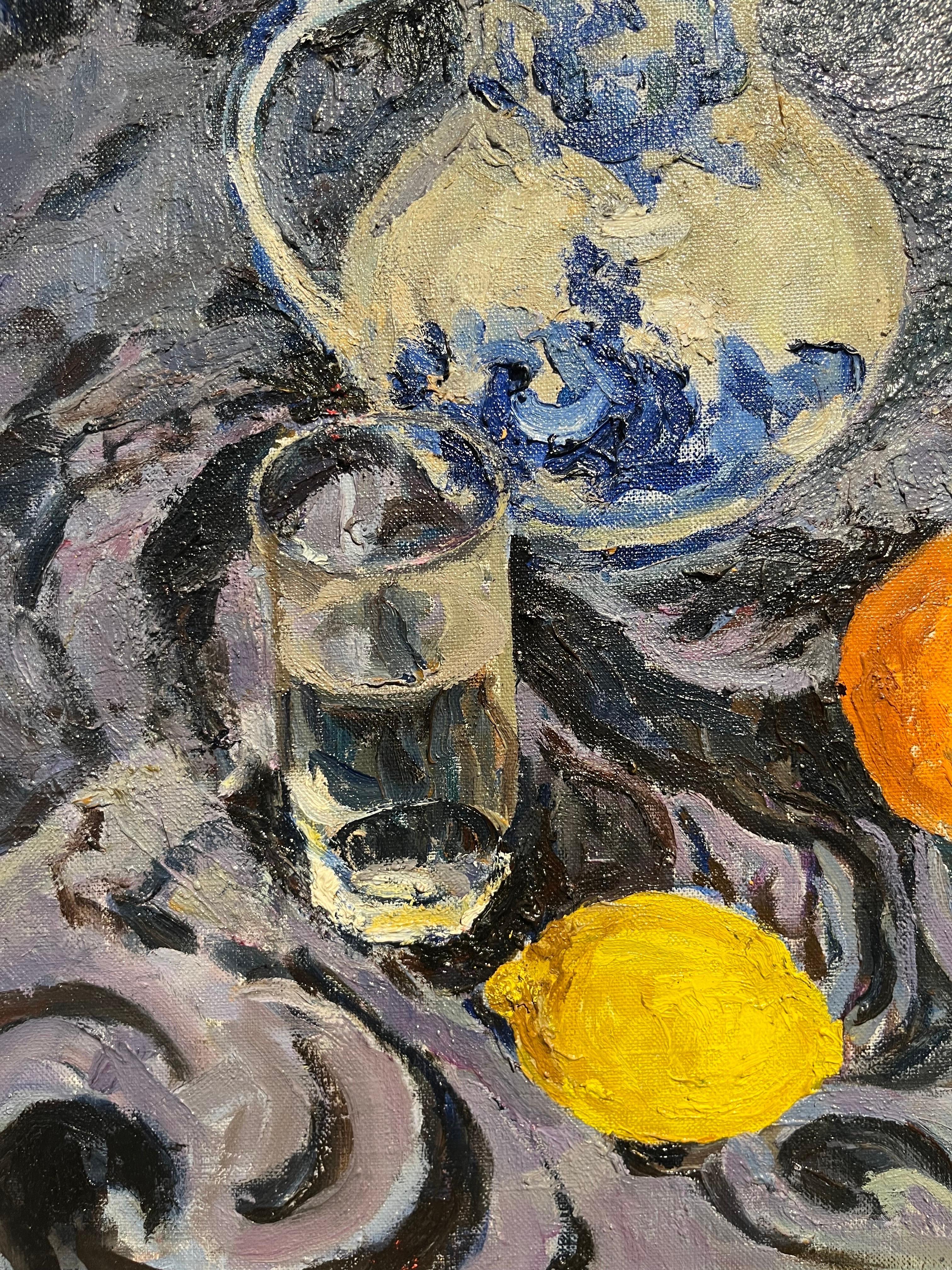 Still life , blue, yellow , orange ,Russian art,Lemon,
Published in a monographic catalogue

Maya kopitzeva’s works have been acquired by the Russian Ministry of Culture, by the Foundation for the Russian Culture, by various collectors in Europe,