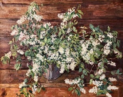 White Cherry blossoms ,   Flowers,Russian Impressionism Oil cm 110 x 80