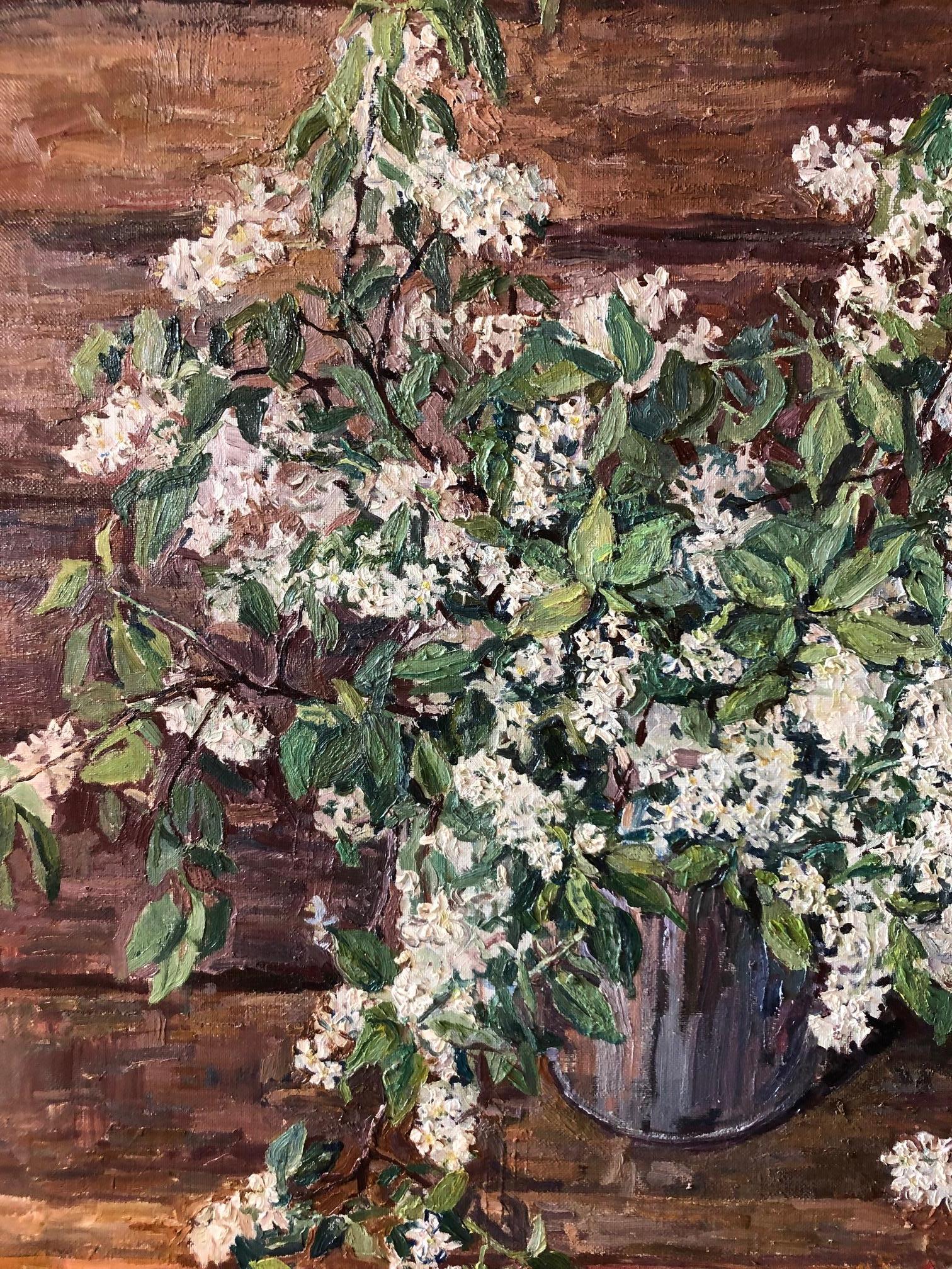 White Cherry blossoms ,   Flowers, Russian Impressionism Oil cm 110 x 80 - Painting by Maya KOPITZEVA