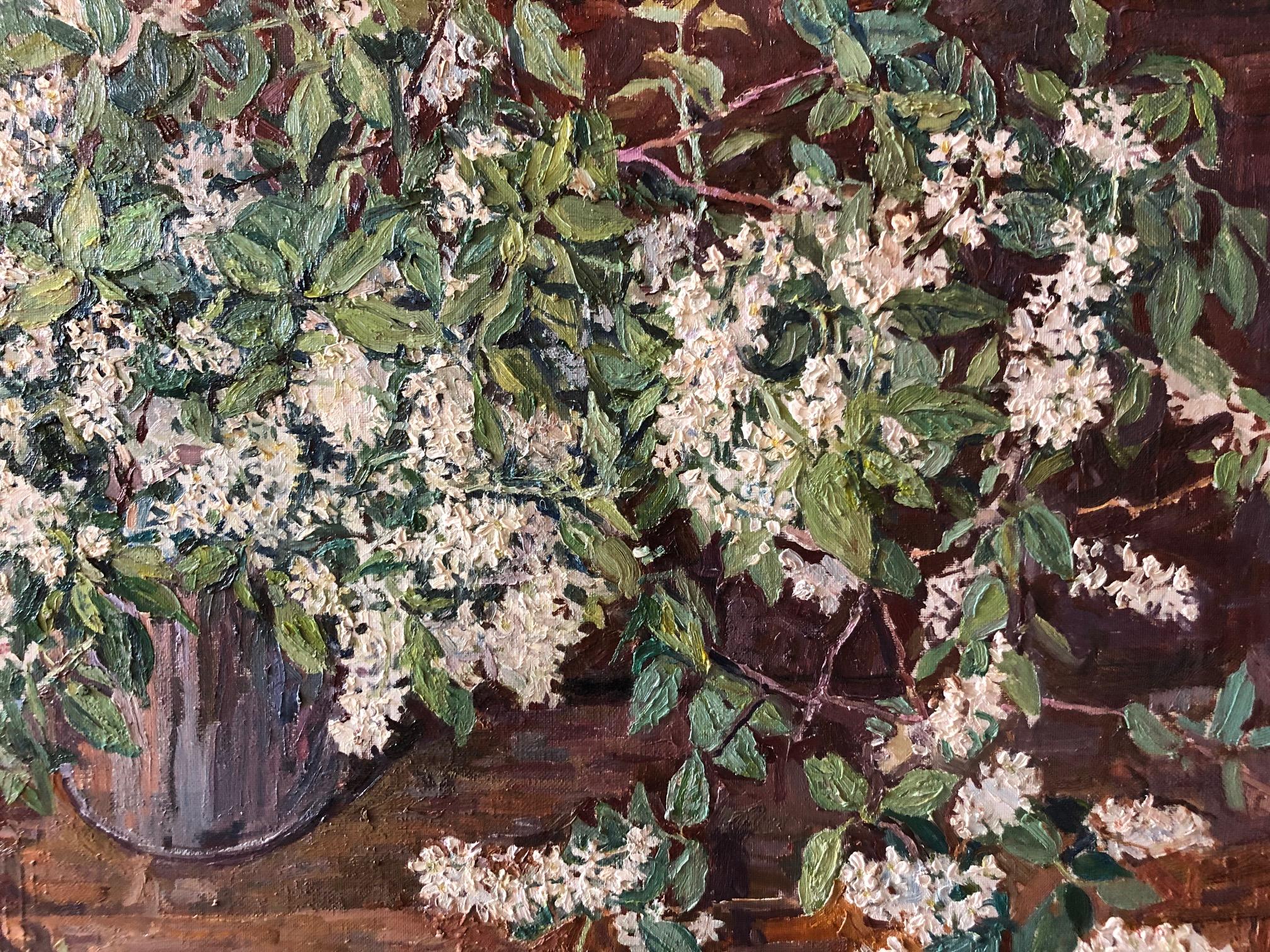 fleurs de cerisier blanches   Impressionnisme russe, fleurs, huile, cm 110 x 80 - Marron Still-Life Painting par Maya KOPITZEVA