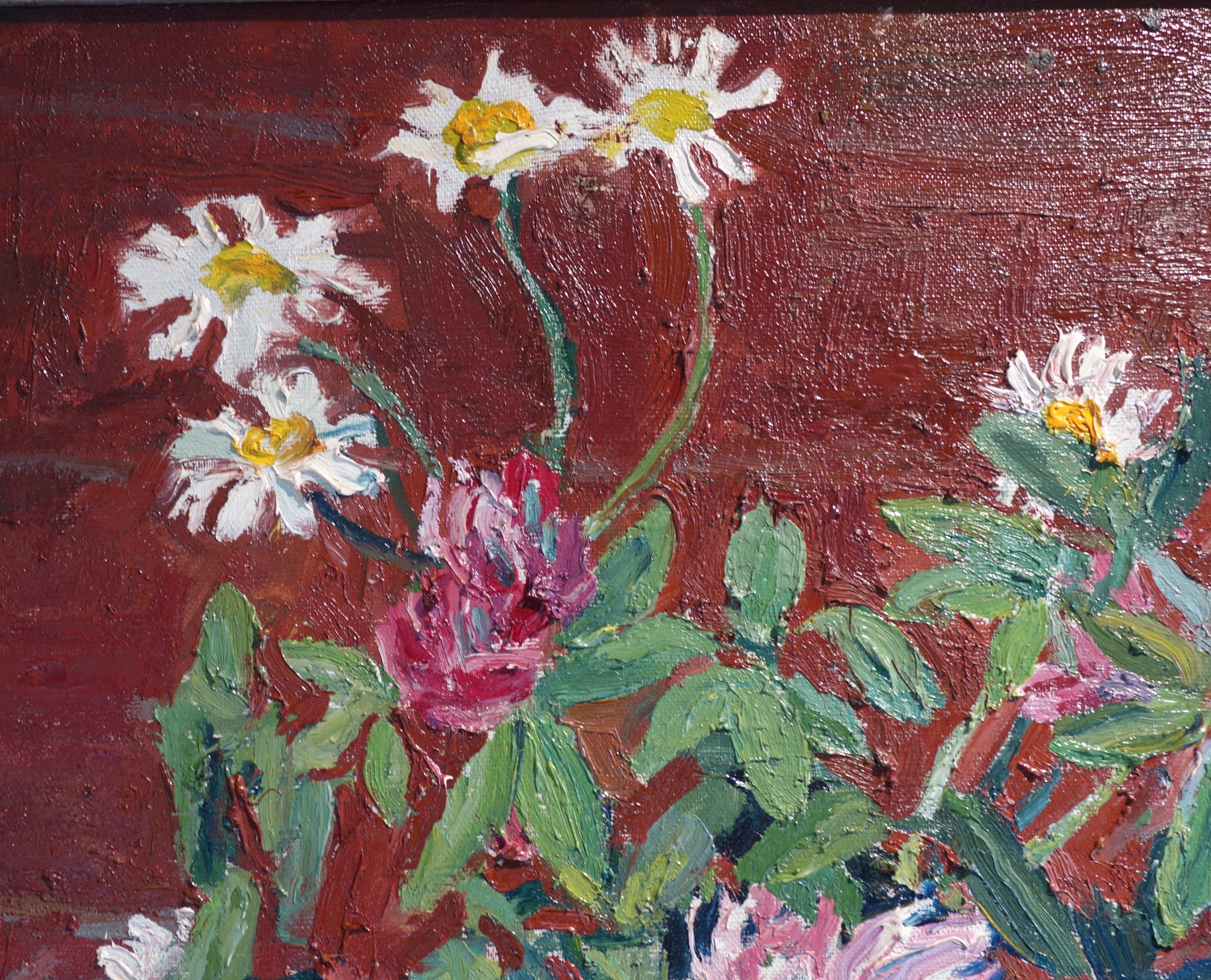 « Wildflowers » Clover and Daisies, rose, blanc, vert,  Offre d'expédition gratuite - Marron Figurative Painting par Maya KOPITZEVA