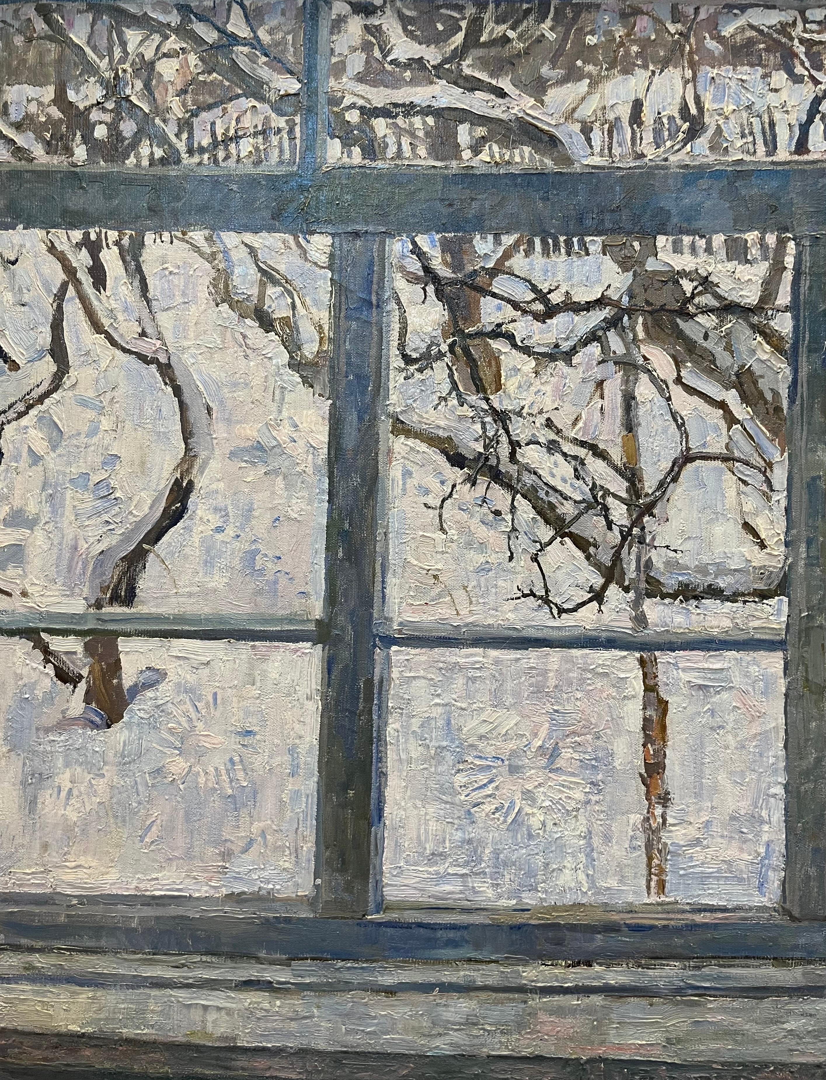 « Jardin d'hiver », huile cm. 115 x 120,1975, fenêtre, hiver - Impressionnisme Painting par Maya KOPITZEVA