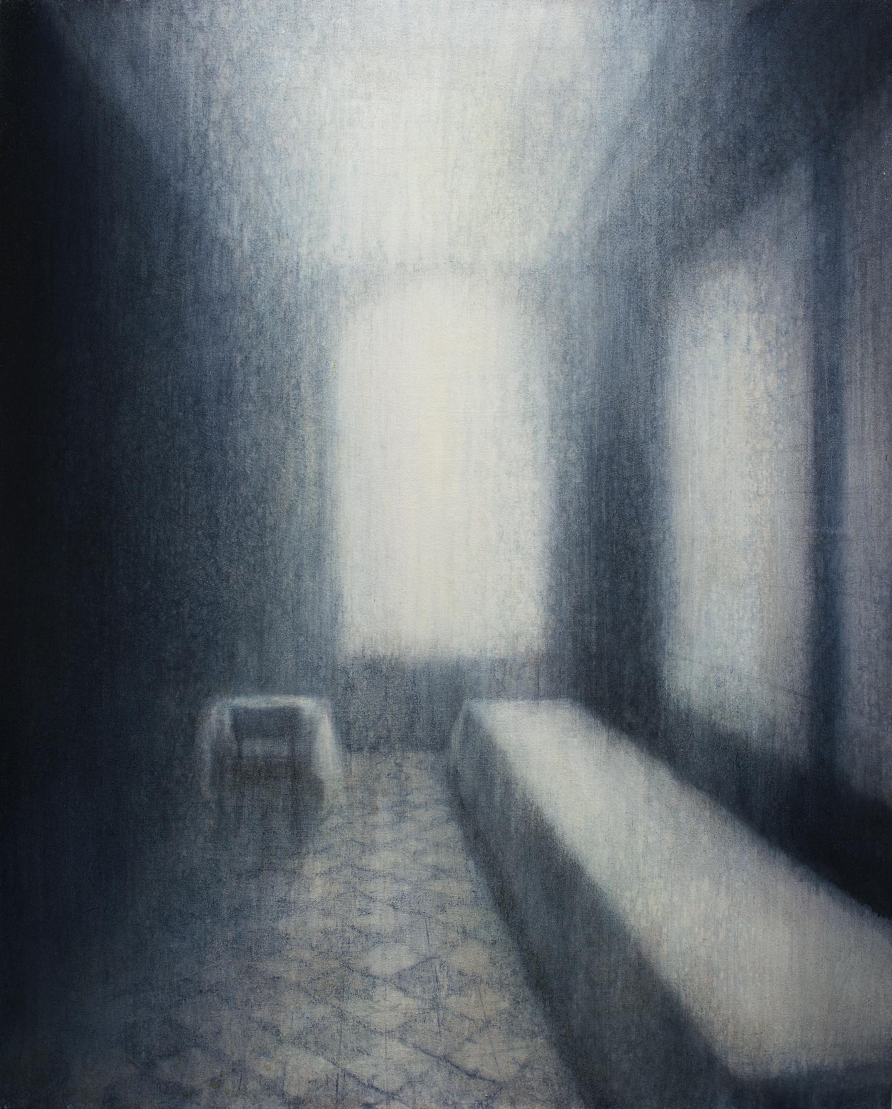 Interior Painting di Maya Kulenovic  - Pittura ad olio su tela con banchetto Arte Contemporanea Grigio Interno In Stock