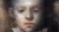 Peinture à l'huile sur toile - Portrait d'un garçon avec une fenêtre, en stock