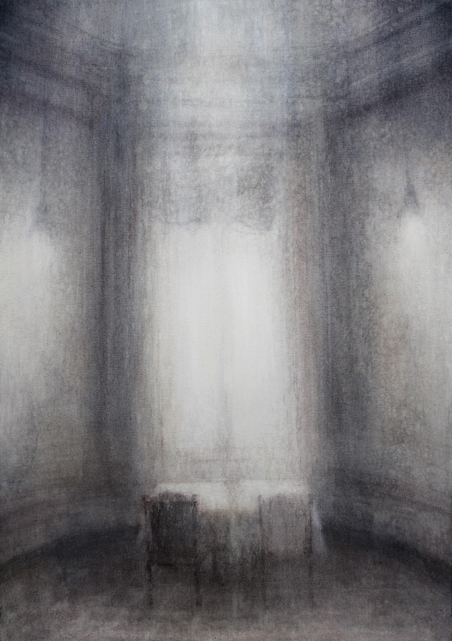 Maya Kulenovic  Interior Painting - Sea's End Oil Painting on Canvas Black and White Grey Interior Table In Stock