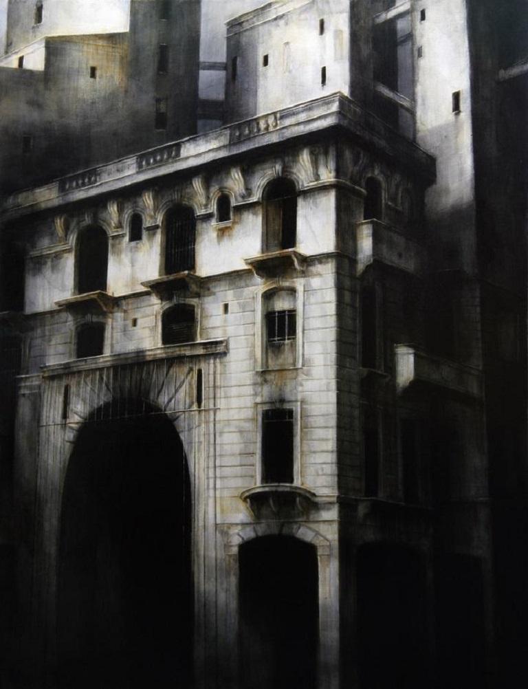 Maya Kulenovic  Figurative Painting - West Station Oil Painting on Canvas Building Architecture In Stock 