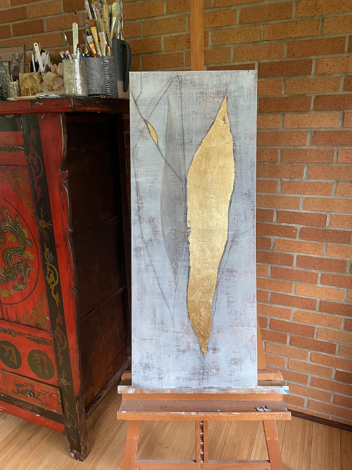<p>Artist Comments<br />Artist Maya Malioutina paints an abstract expression of recovering hope, courage, and strength after a time of difficulty. She layers silver in different saturations for a textured background and adds gold leaf to represent