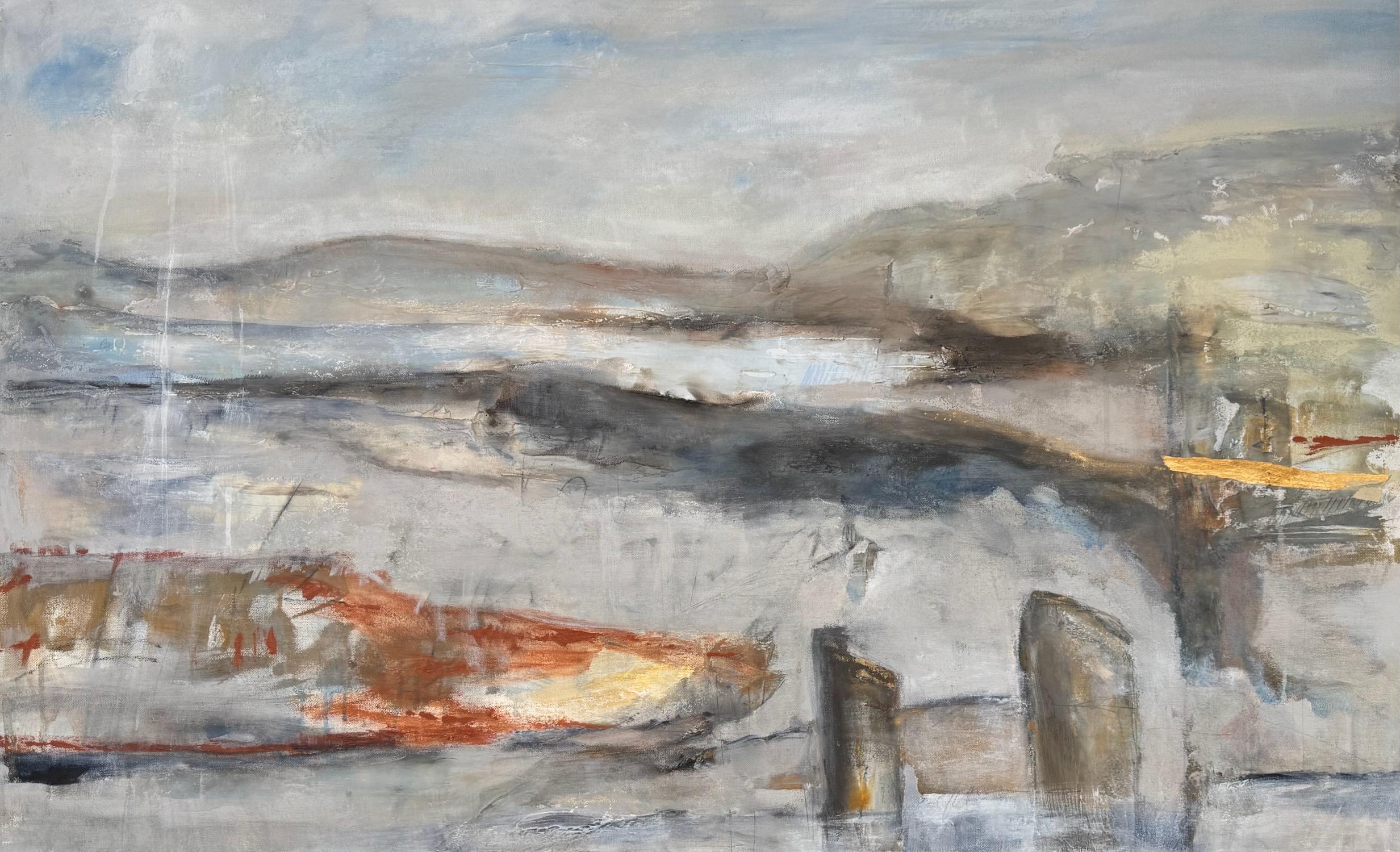 <p>Artist Comments<br>Soft grays, wisps of blue, and glimmers of gold leaf suggest a dreamlike threshold between Earth and sky. Inspired by the KÃ¡rmÃ¡n Lineâ€”the boundary where our atmosphere meets spaceâ€”this abstract painting evokes a sense of