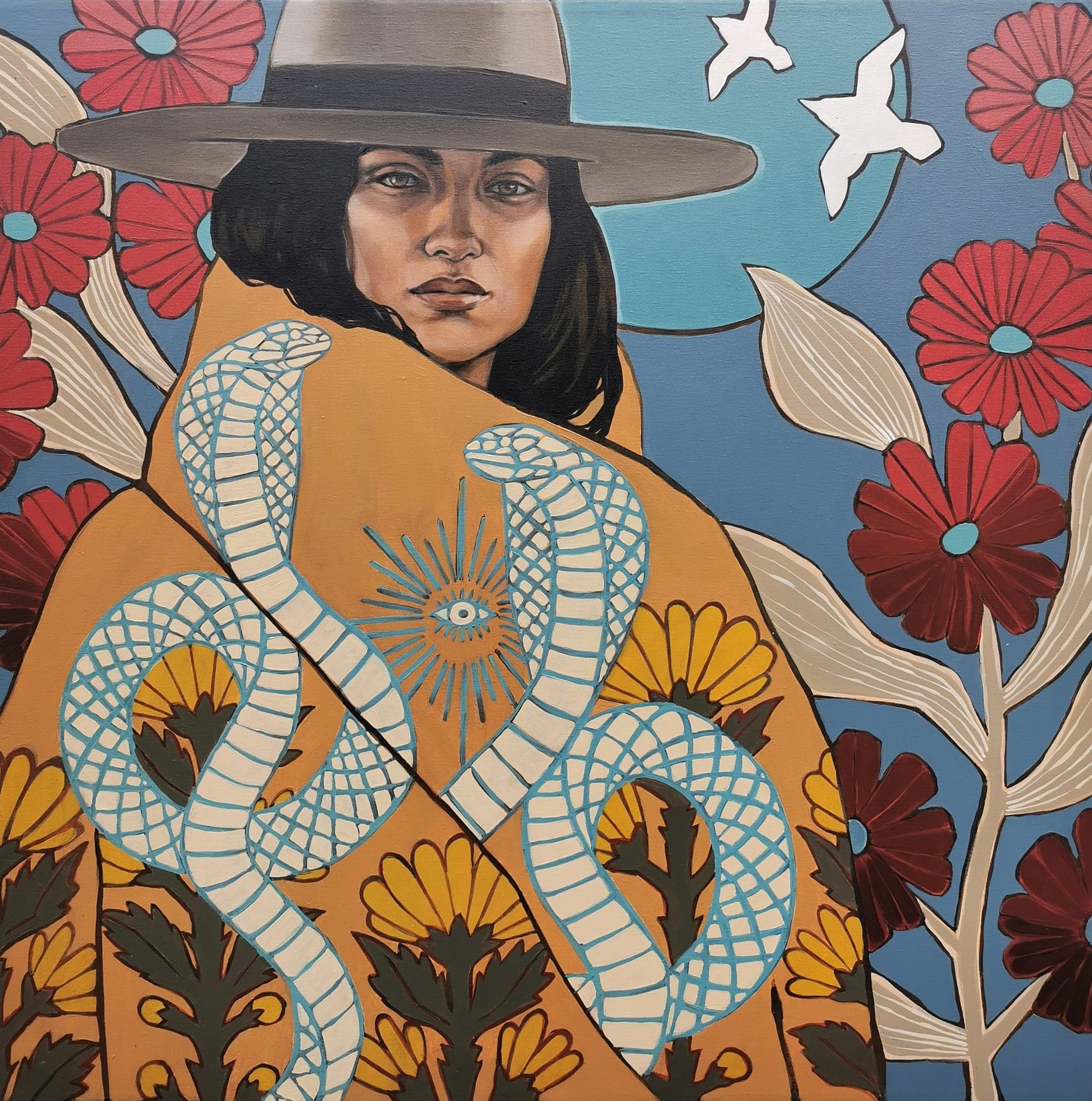 Figurative Painting de Maya Ripley - "Bajo el sol, sobre la arena"- Pintura figurativa acrílica con motivos florales