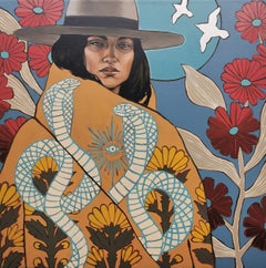 « Beneath the Sun, Upon the Sand » - Peinture figurative acrylique avec motifs floraux